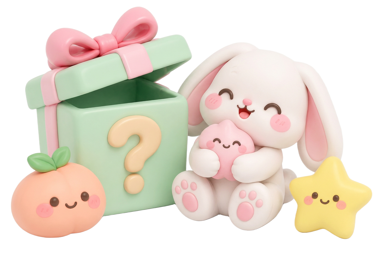A happy bunny with a surprise gift box and pastel squishy friends